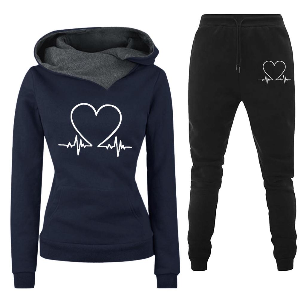 Women's Heartbeat Print Hoodie & Sweatshirt Set - Casual Sportswear for Spring & Autumn