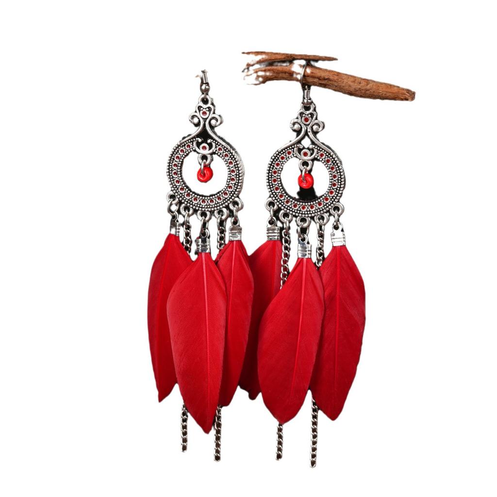 Ethnic Style Feathers Red Earrings Bohemian High-End Long Chain Fringed Earrings Jewelry Women