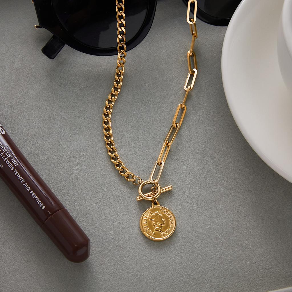 Yori Stainless Steel Portrait Coin Pendant OT Buckle Necklace for Women Stainless Steel Popular Chic 2025 Jewelry PVD Plated