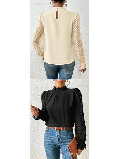 Women's Autumn/Winter Half-High Collar Chiffon Top with Patchwork Wave Pattern