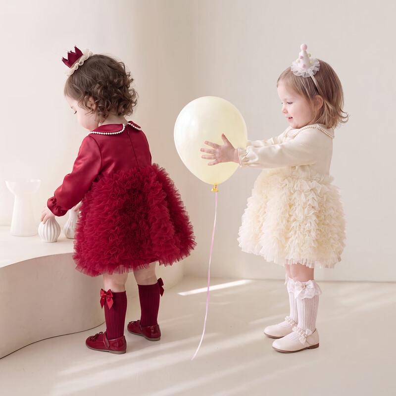 JELLYBABY Girls' Pearl Collar Lantern Sleeve Princess Dress