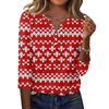 Women's Christmas Print V-Neck Three-Quarter Sleeve T-Shirt with Button Casual Holiday Top