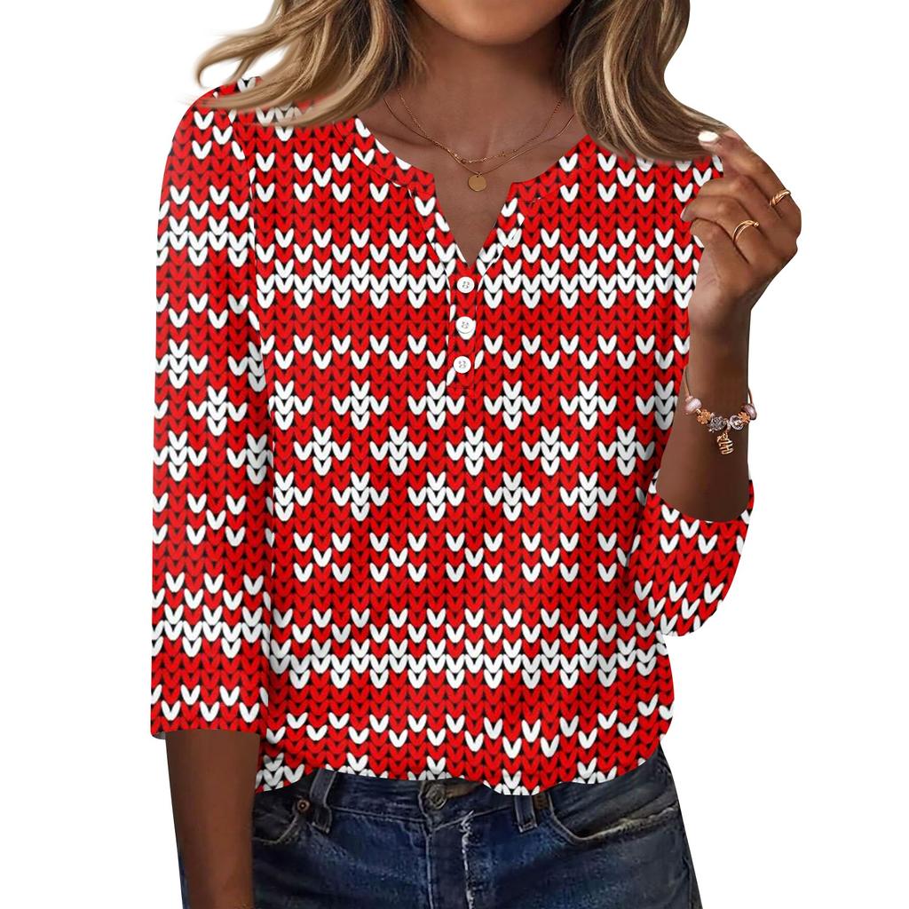 Women's Christmas Print V-Neck Three-Quarter Sleeve T-Shirt with Button Casual Holiday Top