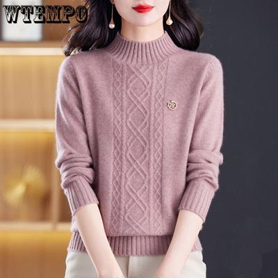 Herbst- und Winter-Dickstrickpullover für Damen Locker und schlankmachend Einfarbig Halber Rollkragen Basisoberteil