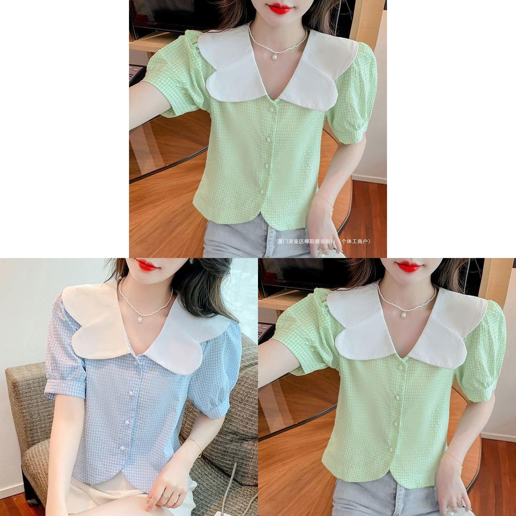 Summer Womens Blouse With Bubble Sleeves And French Collared Design For Casual Wear