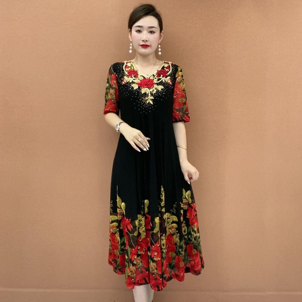 High-end Summer Women's Floral Dress Embroidered Stretch V-neck Dress Plus Size Long Dress