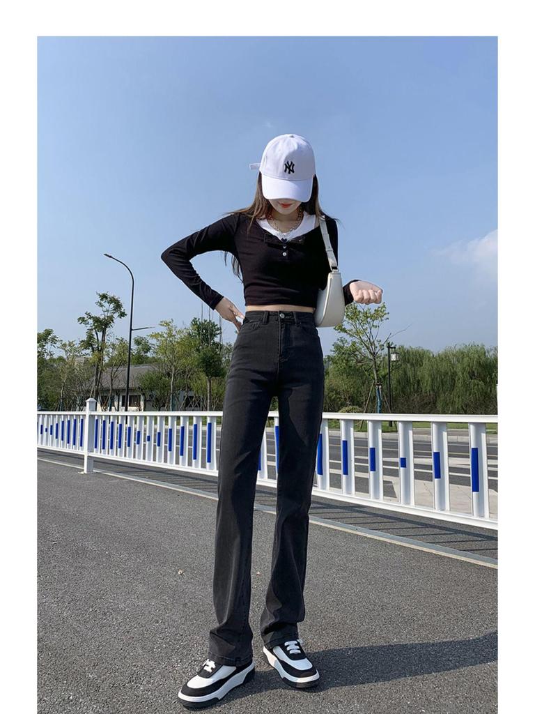 Women's High-Waist Black Straight-Leg Jeans: 2025 Autumn/Winter Hong Kong Style, Plus Velvet, Floor-Length for a Lengthening Look