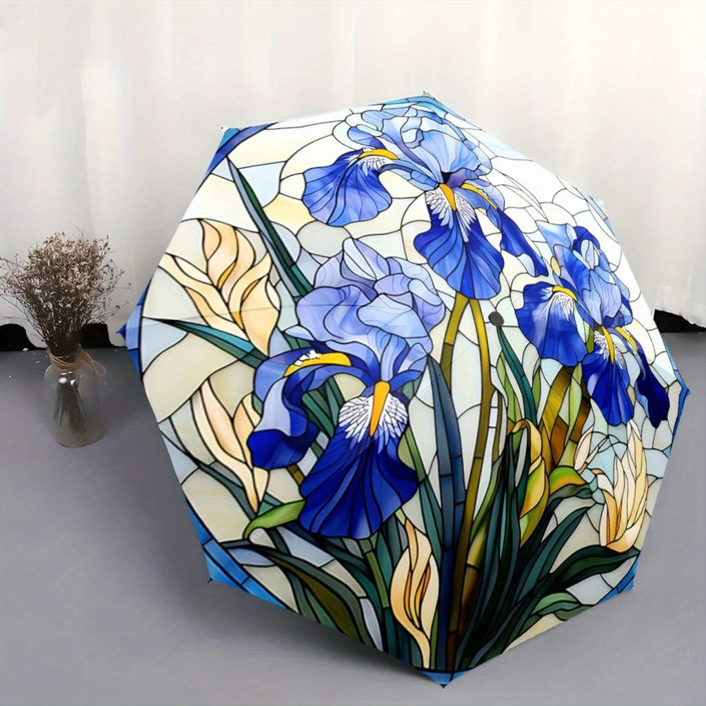 Automatic Open/Close Umbrella with Floral Design - Stained Glass Pattern In Blue & Yellow, Compact Folding Umbrella with 8-Rib