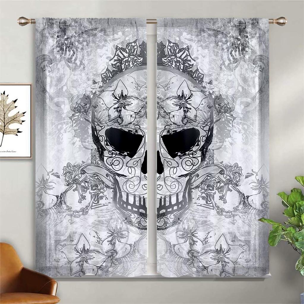 Window Curtains Skull Steal Floral Retro Gothic Print Curtains Suitable For Bedroom Living Room Study Room Decorative Curtains