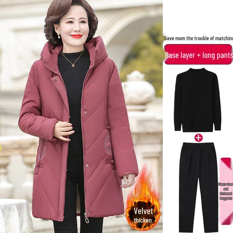 Red Mid-Length Winter Jacket for Middle-Aged and Elderly Women - Thick, Cotton-Padded, Suitable for Spring and Autumn