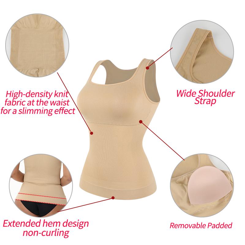 Women Compression Vest Shapewear Square Neck Tank Top Tummy Control Body Shaper Waist Trainer Camisole Padded Soft Underwear