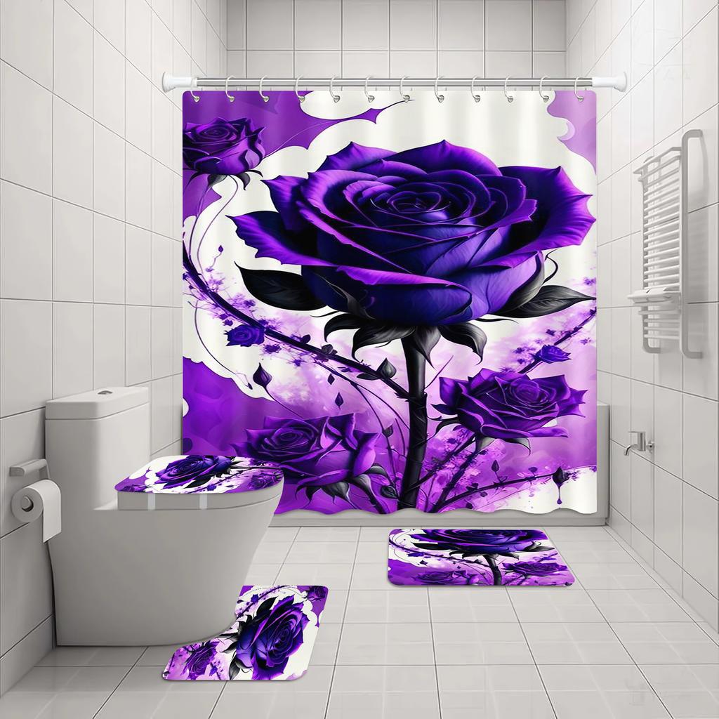 Rose Shower Curtain Love Couple Bath 4 Pcs Set Cute Cartoon Luxury Accessories Sets Full Mats Gifts for Boys Girls