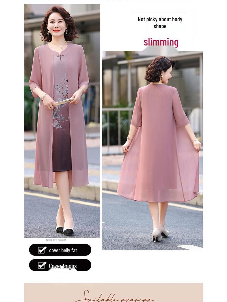 Letnia sukienka z szyfonu: Dwuczęściowy zestaw z krótkim rękawem dla kobiet w średnim wieku