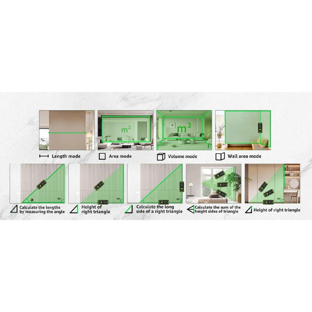 Huepar Dual Laser Rangefinder 120M/200M Green Beam Digital Laser Meter Multiple Unit Measurement Tool With Backlit LCD display