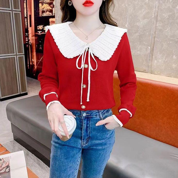 Bow Doll Neck Knitted Sweater Long Sleeved Autumn and Winter Fashionable Outerwear with Lace Up Design Exuding A Sense of Temperament and Style