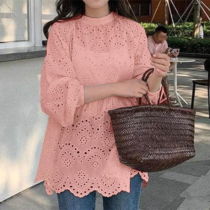 

ZANZEA Женские повседневные блузки с круглым вырезом, длинными рукавами, кружевной ажурной спинкой и лоскутным дизайном 4XL розовый