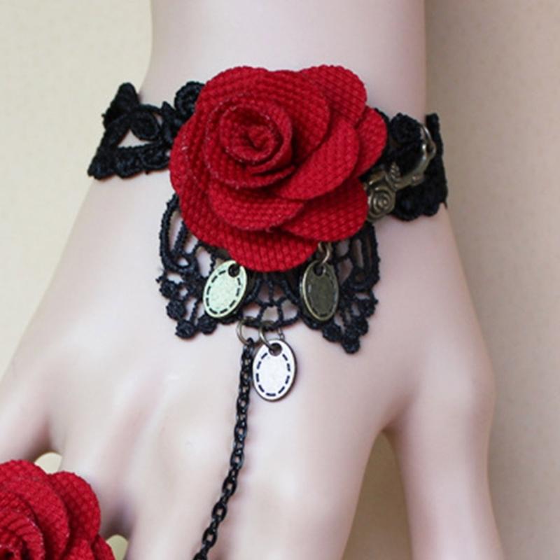 Rose Lace Hand Chain Ring Bracelet Chain Tassel Coins Finger Bracelet Sweet Hand Jewelry for Women and Girls Gifts