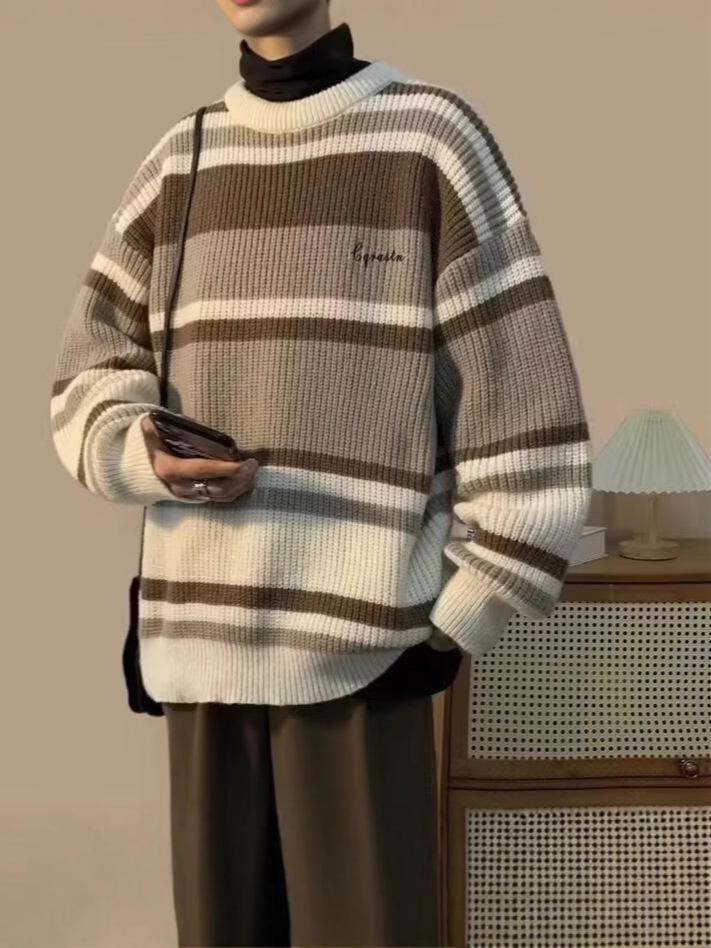 Unisex Japanese Retro Color Block Stripe Sweater - Autumn/Winter Trendy Knitwear, Round Neck, Couple Style.