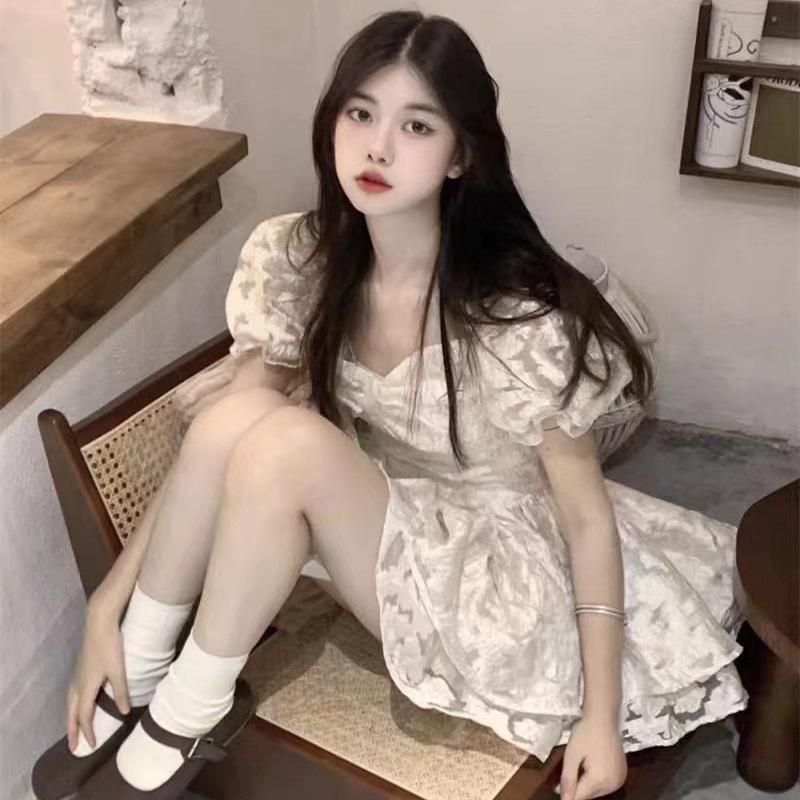 First Love White Moonlight Student Bubble Sleeve Dress Women's Summer New Jacquard Princess Style Short Tutu Dress