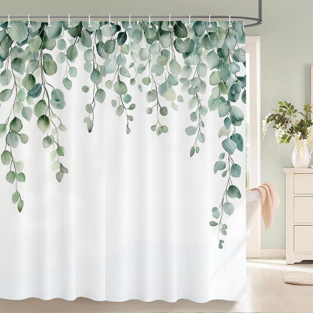 Fresh Green Leaves and Plants Pattern Shower Curtain Printed Leaves Bathroom Bath Curtain Home Decoration Curtain With Hooks