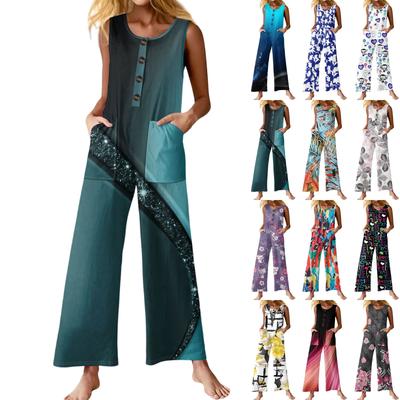 Women's Fashion Casual Button Sleeveless Jumpsuit Floral Flower Print Cotton Pocket Jumpsuit