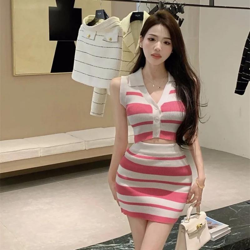 Spicy Striped Two-Piece Set: Polo Collar Sleeveless Crop Top & Bodycon Mini Skirt