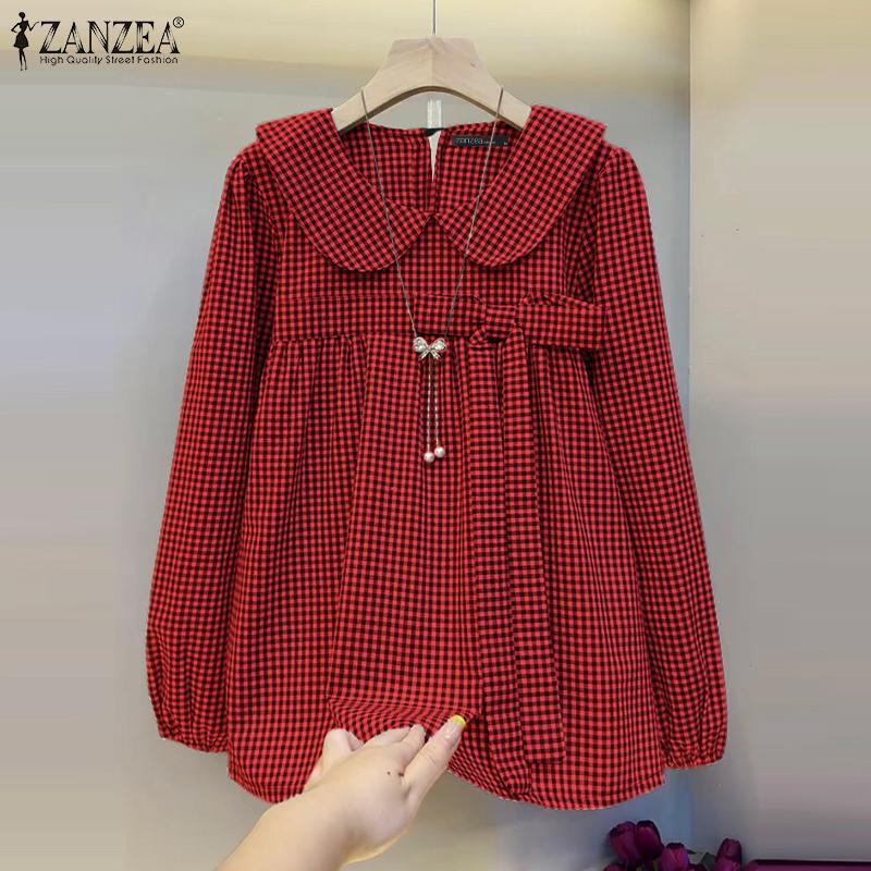 ZANZEA Damen Puppenkragen Lässige Langarm Bluse mit Karomuster