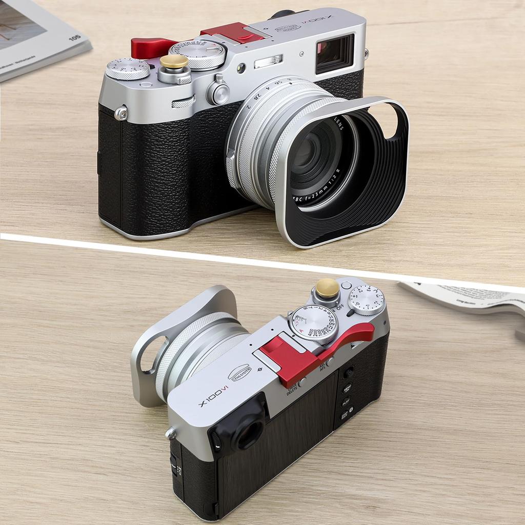 Haoge Square Metal Lens Hood with 49mm Adapter and Cap for Fujifilm FinePix X100V Cameras Silver LH-ES3 Hollow-Out Design, Ring, X100, X100S, X100T,