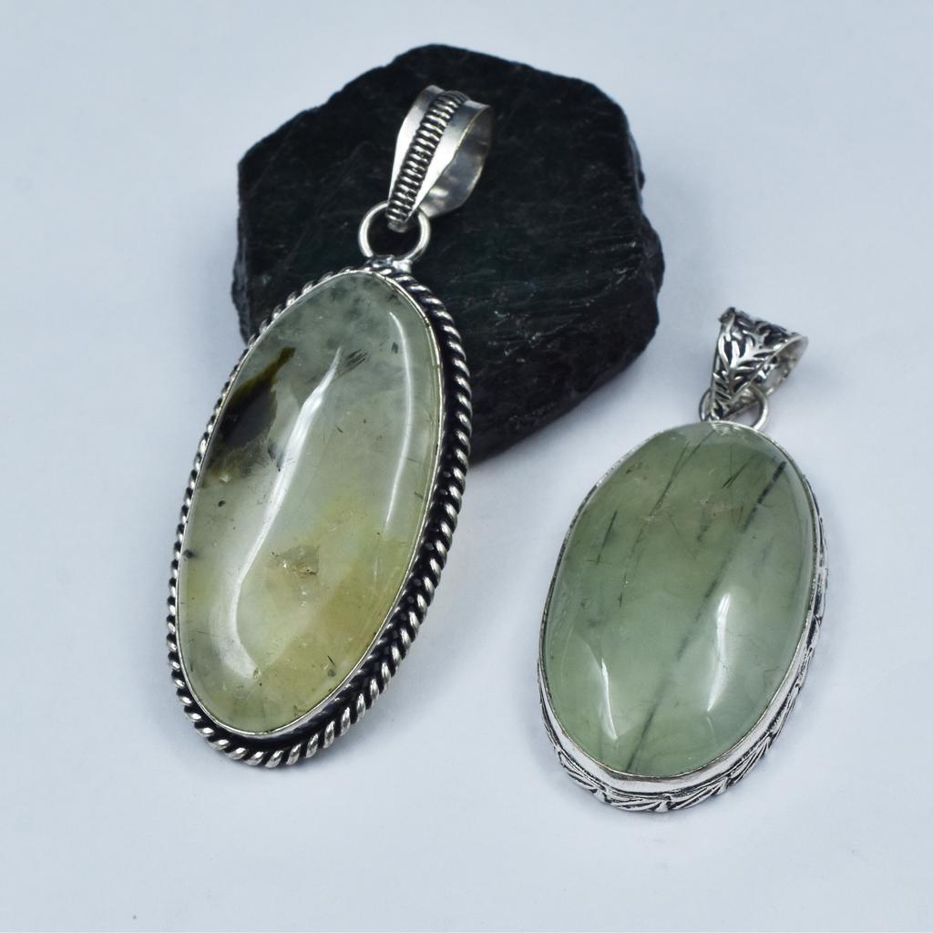 925 Sterling Silver Pendant Pear-Oval 141.05 Ct Pair CERTIFIED Green Prehnite AR-1737