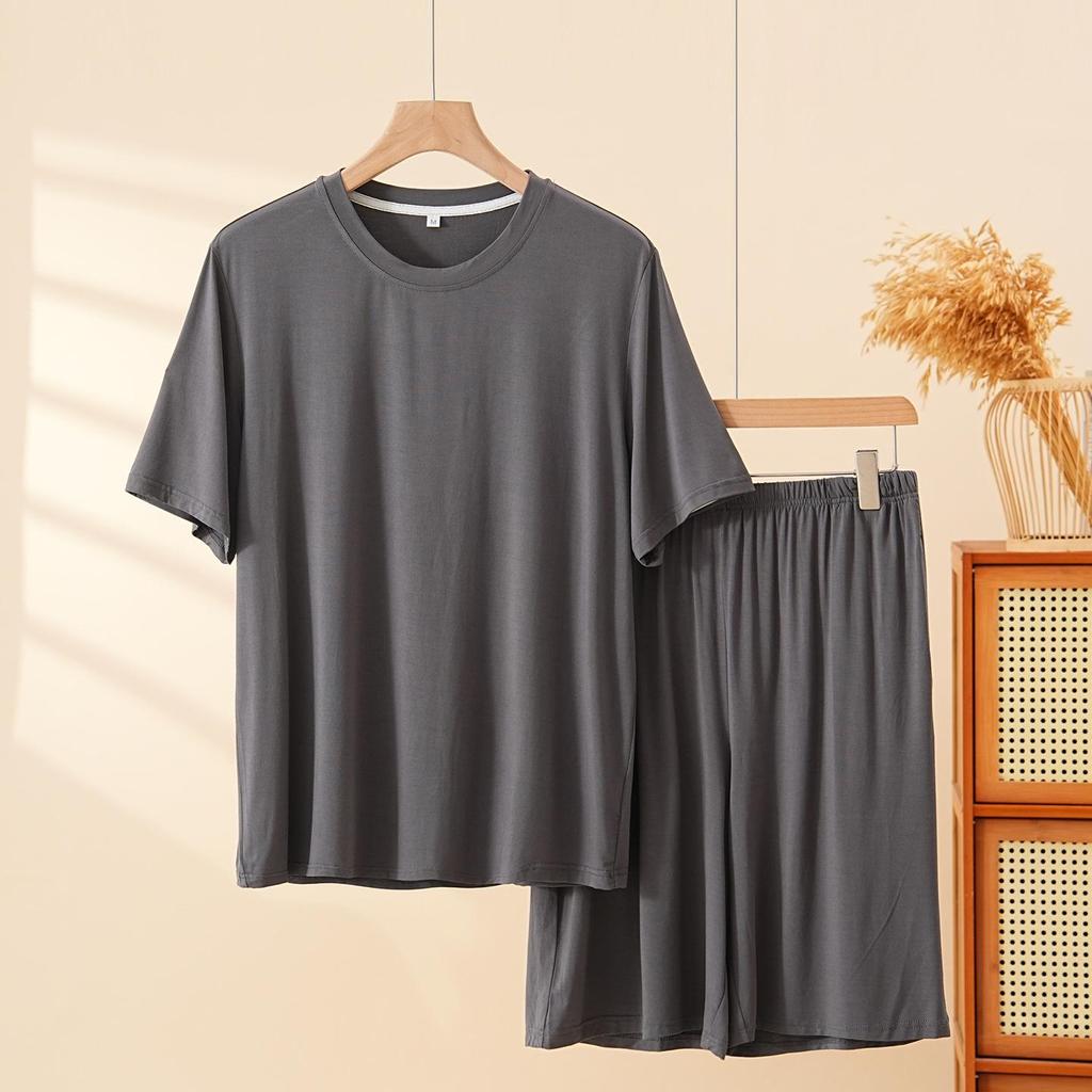 Men's Bamboo Fiber Pajama Set - Natural Antibacterial, Loose Short Sleeve Top & Shorts for Home or Outdoors, Spring/Summer.