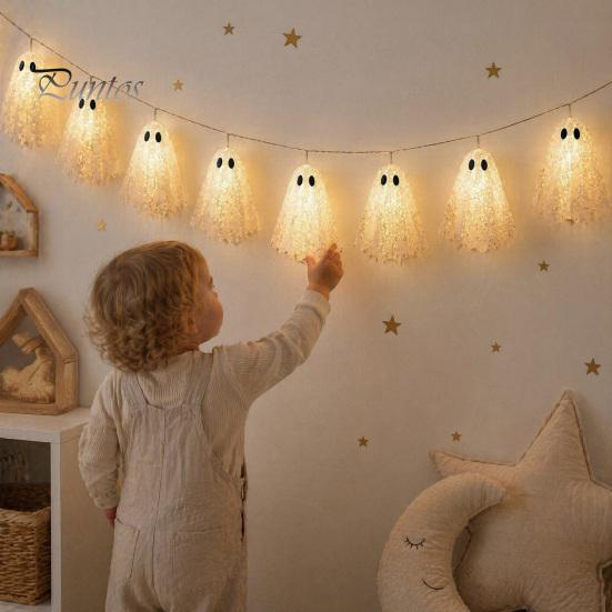 Cute Ghost Ornaments for Bedroom 6.6FT Halloween Light Up Garland, Lace LED Fairy String Light, Warm White Lights Home Spooky Hanging Bunting