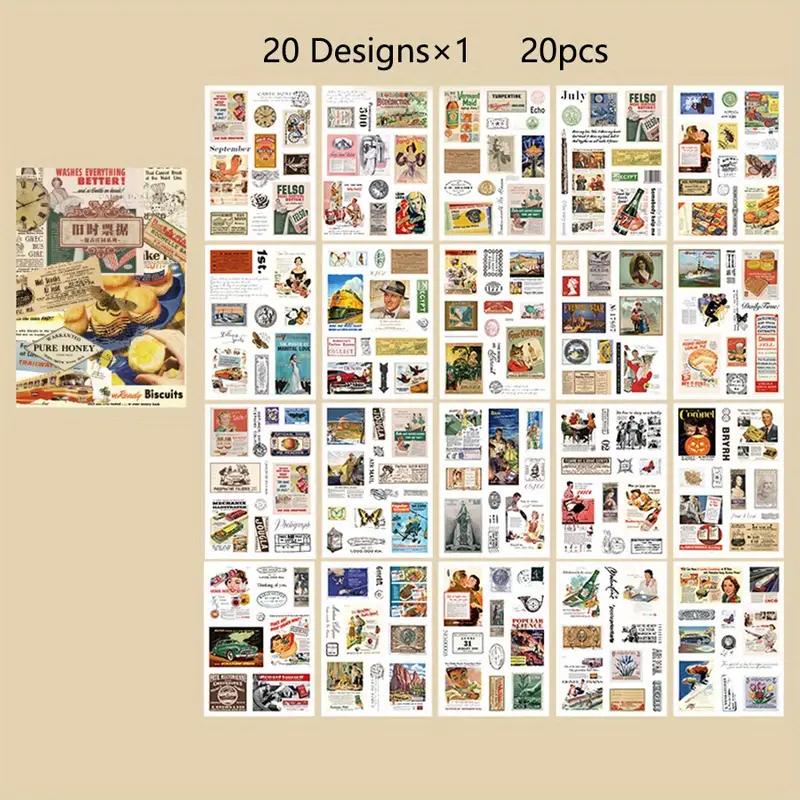20 Listů Samolepková Kniha, Retro Materiál pro Deník, Samolepky pro DIY Dekoraci, Pro Junk Journal, Dekorativní Podkladové Potřeby, Umělecké Album