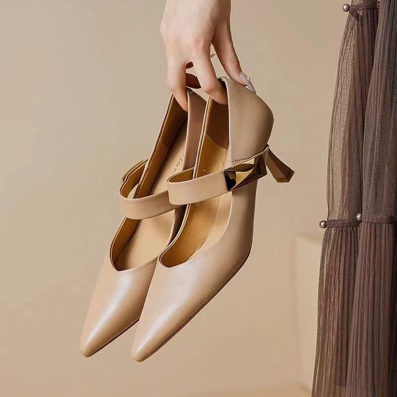 Xia new pointed thick heel middle heel fashion single shoes women's one-word buckle soft leather commuter Mary Jane shoes