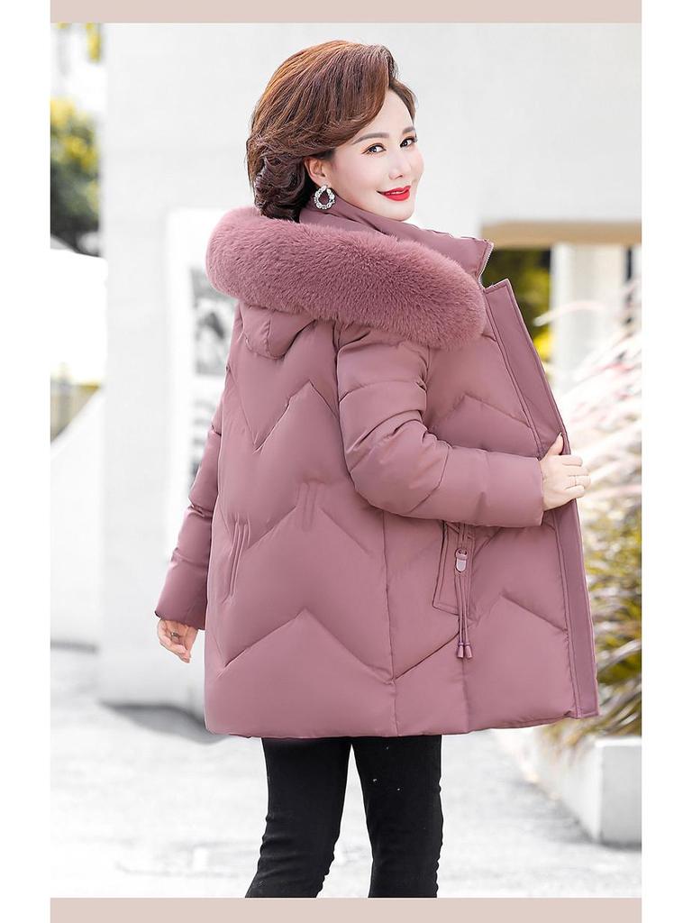 Mom's Mid-Length Fleece-Lined Down Cotton Coat - Petite, Middle-Aged & Elderly Women's Winter Jacket