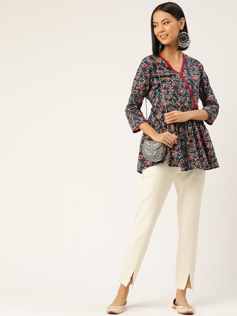 Woman Navy Blue Printed Wrap Top