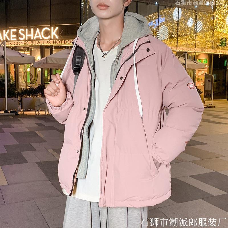 New Japanese trendy brand hooded jacket men's loose large size cotton-padded jacket thickened fake two-piece cotton-padded jacket men's handsome
