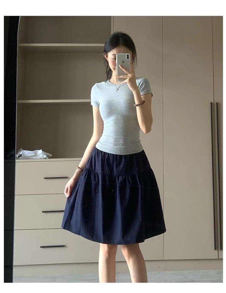 Jupe Midi Trapèze Style Preppy Bleu Marine - Taille Haute Rétro pour Printemps/Été 2025