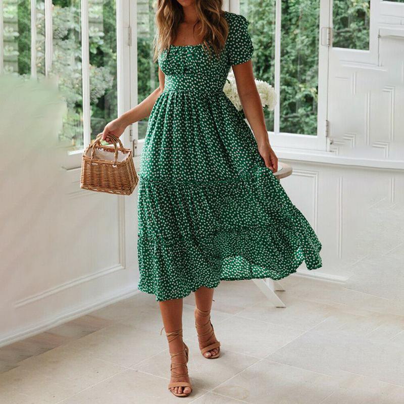 

Polka Women Dot Boho Ruffle Maxi Beach Dress Ladies Evening Sundress Summer M зелений