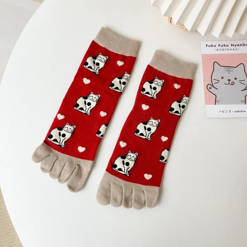 Nouveaux chaussettes mi-mollet respirantes absorbant la sueur à cinq doigts pour femmes, chaussettes à orteils séparés, chaussettes étudiantes mignonnes de dessin animé pour filles