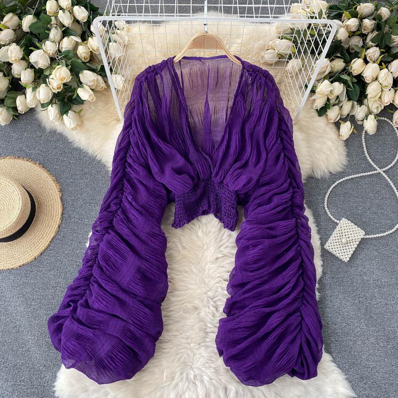 Women's Top with a Stylish Design, Pleated Puff Sleeves, Slim Fit, Short Length, Fashionable and Versatile Chiffon Shirt