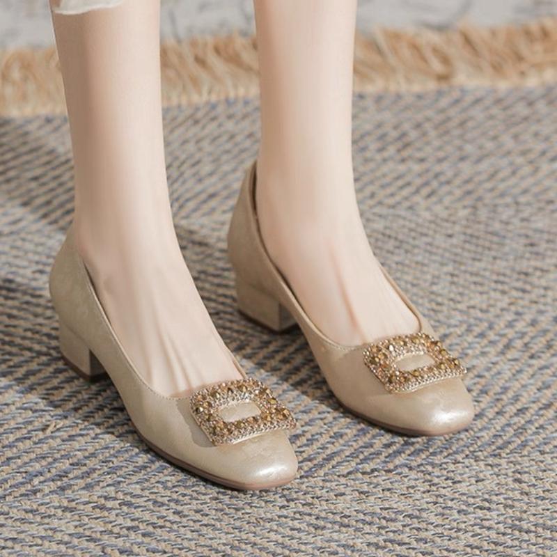 Fashion 2025 New Square-Crystal Button Low Heels  Women's Shoes Chunky Heels Square Head Ladies Pumps Shallow Mouth Stiletto Daily Shoes