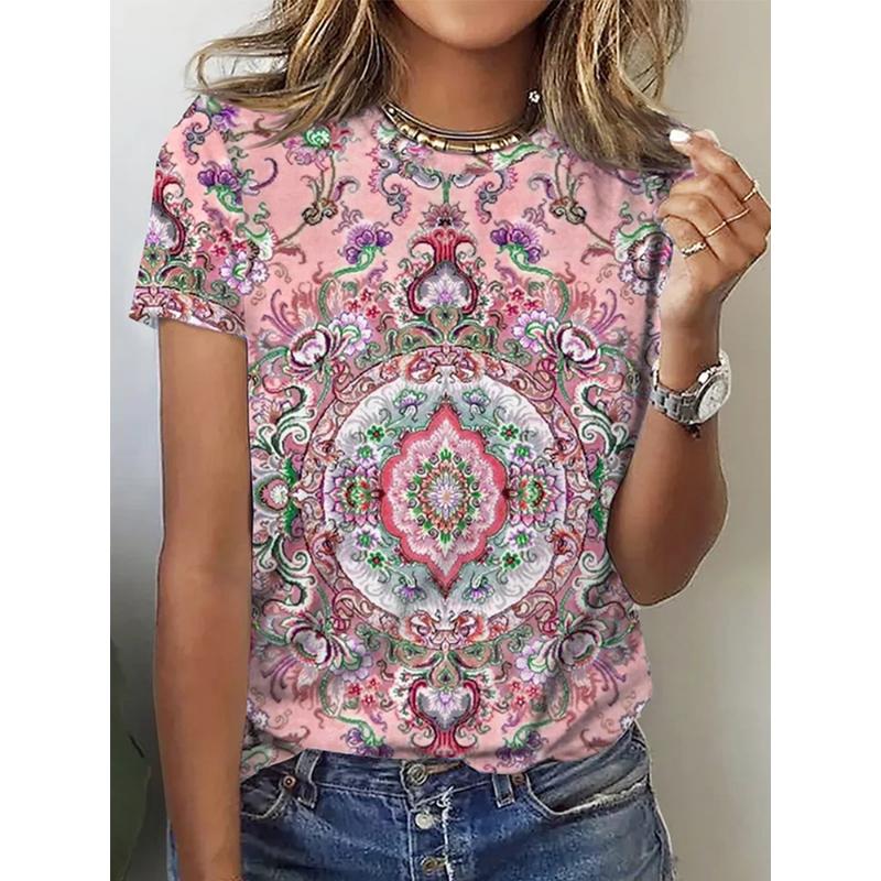 

Plus Size Women s Mandala Shirt, Lotus Pattern, Mandala Pattern Short Sleeve T Shirt Best Choice for Summer Polyester Material 8XL