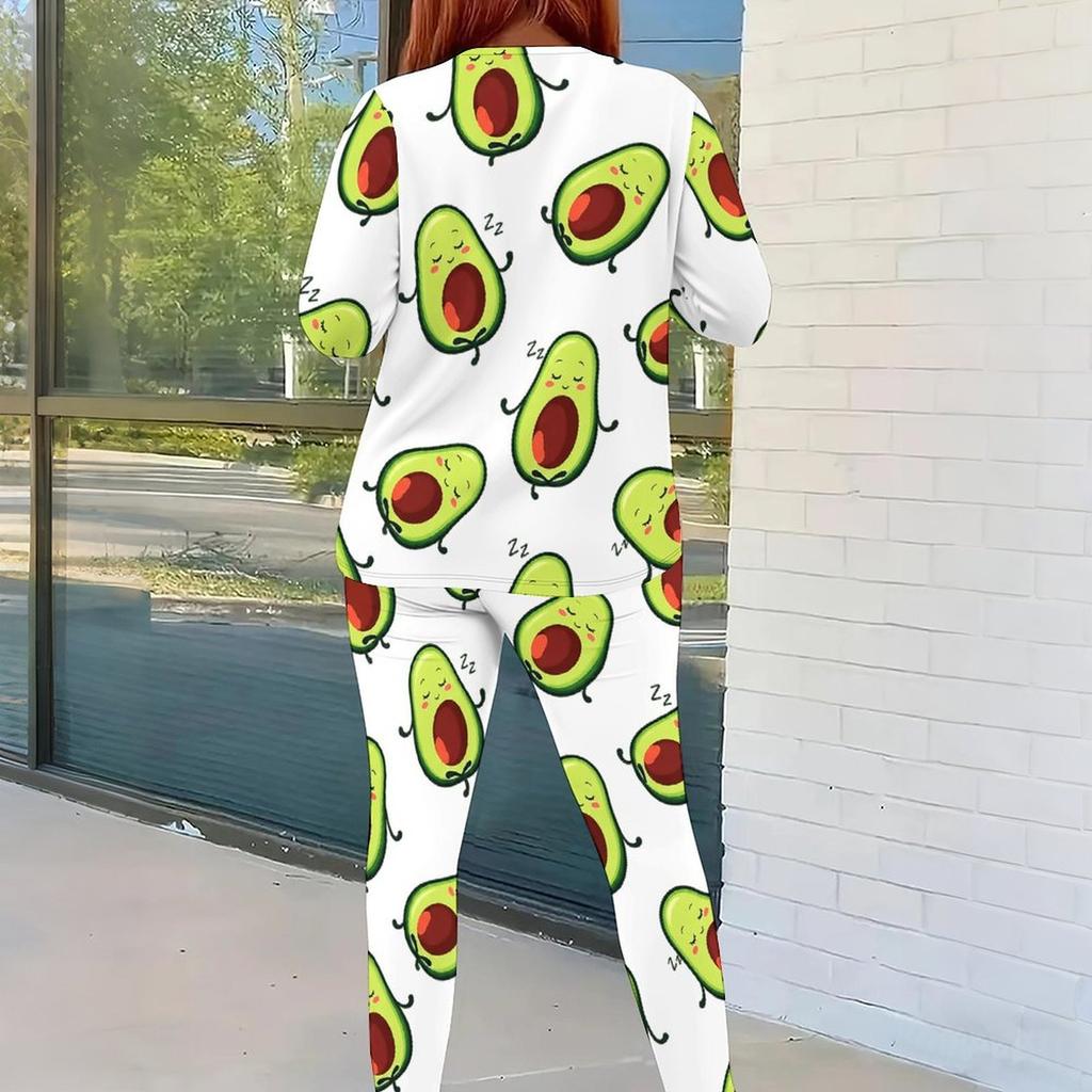 Women Plus Size Two Piece Set Round Neck Long Sleeve Top Fitted Pants Cartoon Printed Colorful Outfit