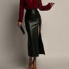 Midi Skirt High Waist Artificial Leather Hip Skirt with Slit Design Pure Color Slimming Fit Office Lady Skirt Work Leisure Daily Wear