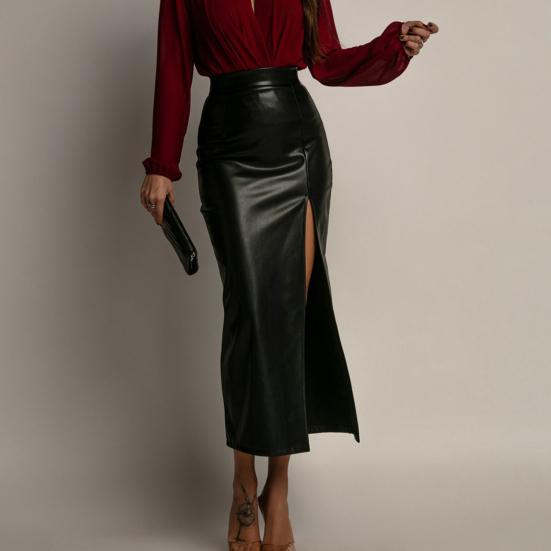 Midi Skirt High Waist Artificial Leather Hip Skirt with Slit Design Pure Color Slimming Fit Office Lady Skirt Work Leisure Daily Wear