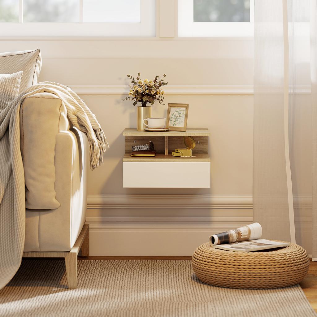 Set di 2 comodini da parete, comodini sospesi con cassetto, mensola aperta, 35x32x22,5 cm, bianco e rovere