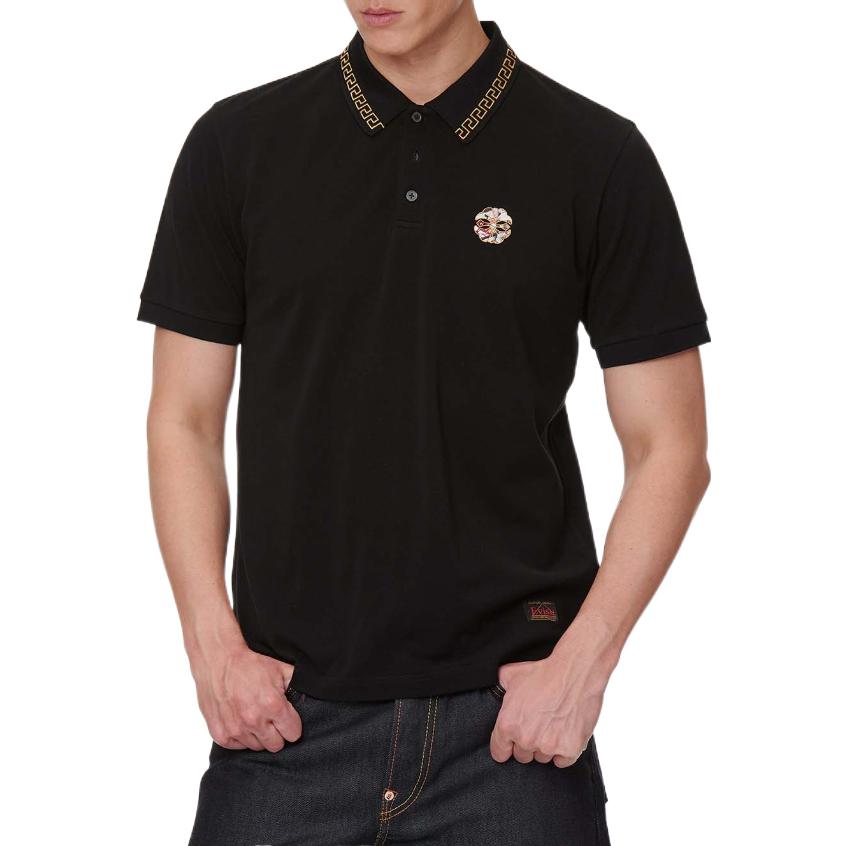 Evisu Floral Embroidery Short Sleeve Polo Shirt Men Polo Shirts Black 2ESHTM1PS510SL
