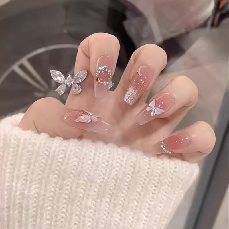 Butterfly Cat Eye Blush Fairy Bridal Press-On Nails, Medium-Long Stickers for 2025 New Year Style