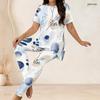 Women Plus Size Two Piece Suit Crew Neck Short Sleeve Shirt Long Pants