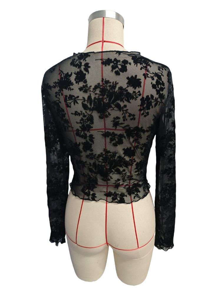 Independent Station Women's Black Sexy Mesh Round Neck Long-sleeved T-shirt Tops Women Versatile Closet Essential Fashion Items Shirt